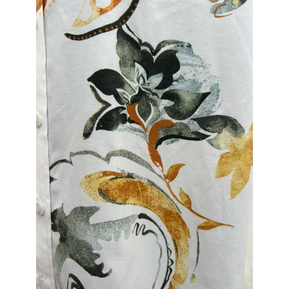 Chico's Size 3 US 16 White Watercolor Floral Button Down Shirt Artsy Boho Top